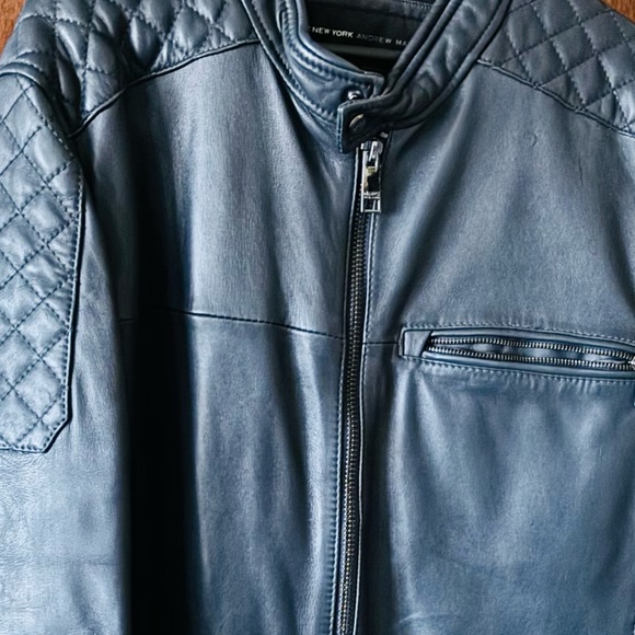 Andrew Marc Men's Blue Quilted Leather Bomber Jacket - Picture 4 of 4